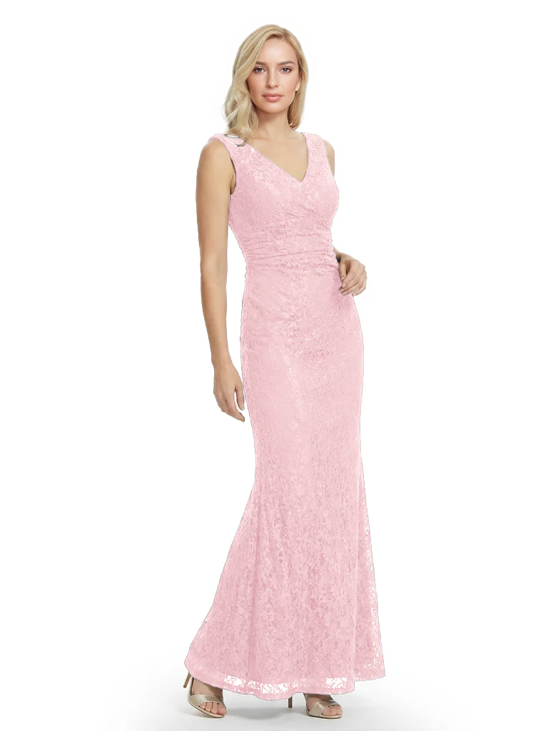 Mother of The Bride Dresses V-Neck Sleeveless Lace Mermaid Maxi Gown Elegant Flowy Formal Wedding Event Dress
