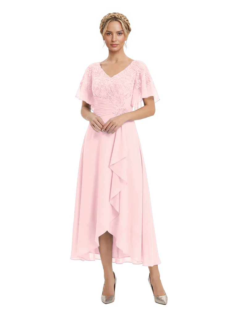 Unique Flutter Sleeves Lace Beaded Short Mother of the Groom Dresses
