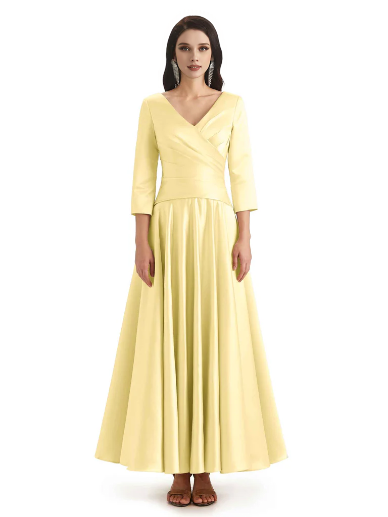 Elegant Soft Satin 3/4 Sleeves V-Neck Ankle Length Mother of The Bride Dresses