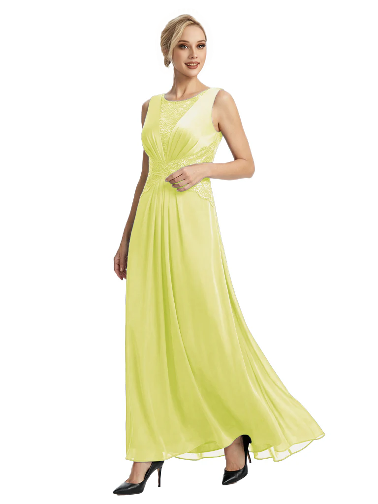 Mother of The Bride Dresses Scoop Sleeveless Lace Chiffon Maxi Gown Classy Ruched Formal Wedding Event Dress
