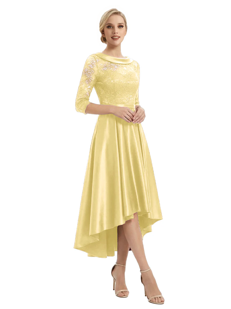 Elegant Boat Neck Satin Lace Mother Of The Bride Dresses High-Low A-Line Gowns