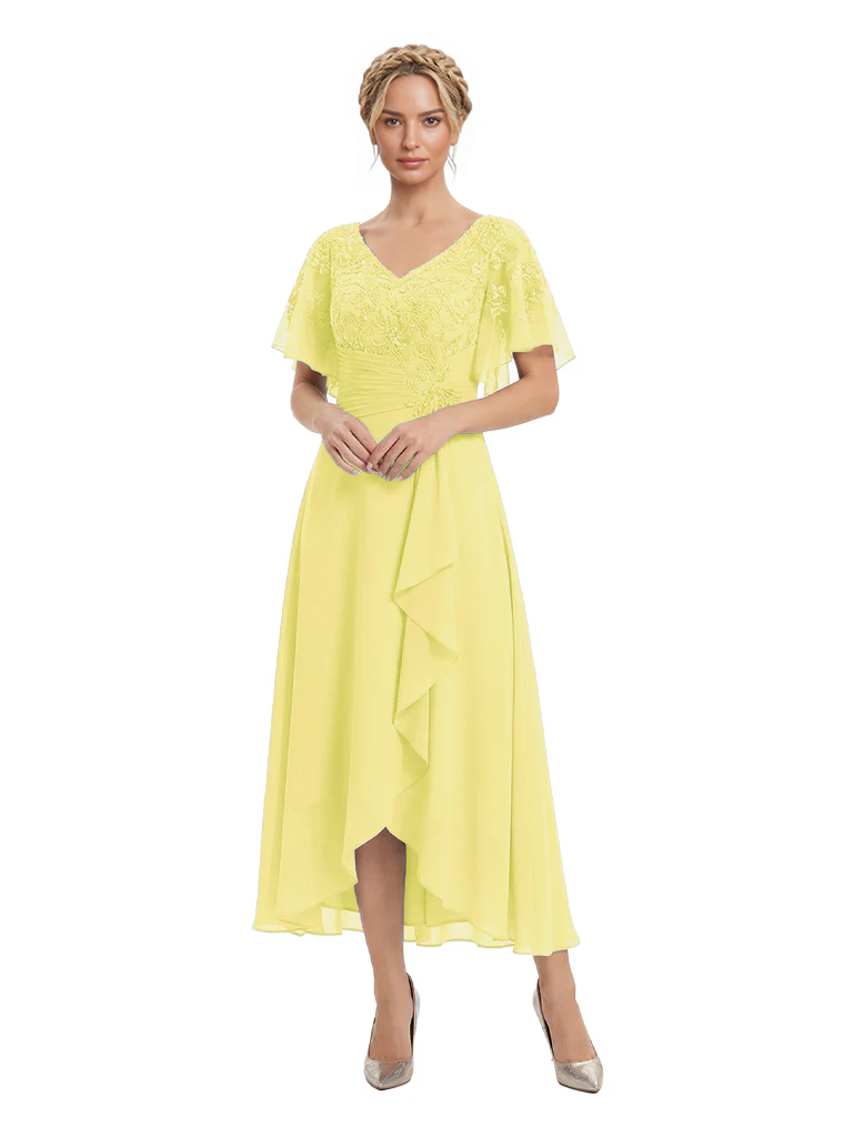 Unique Flutter Sleeves Lace Beaded Short Mother of the Groom Dresses