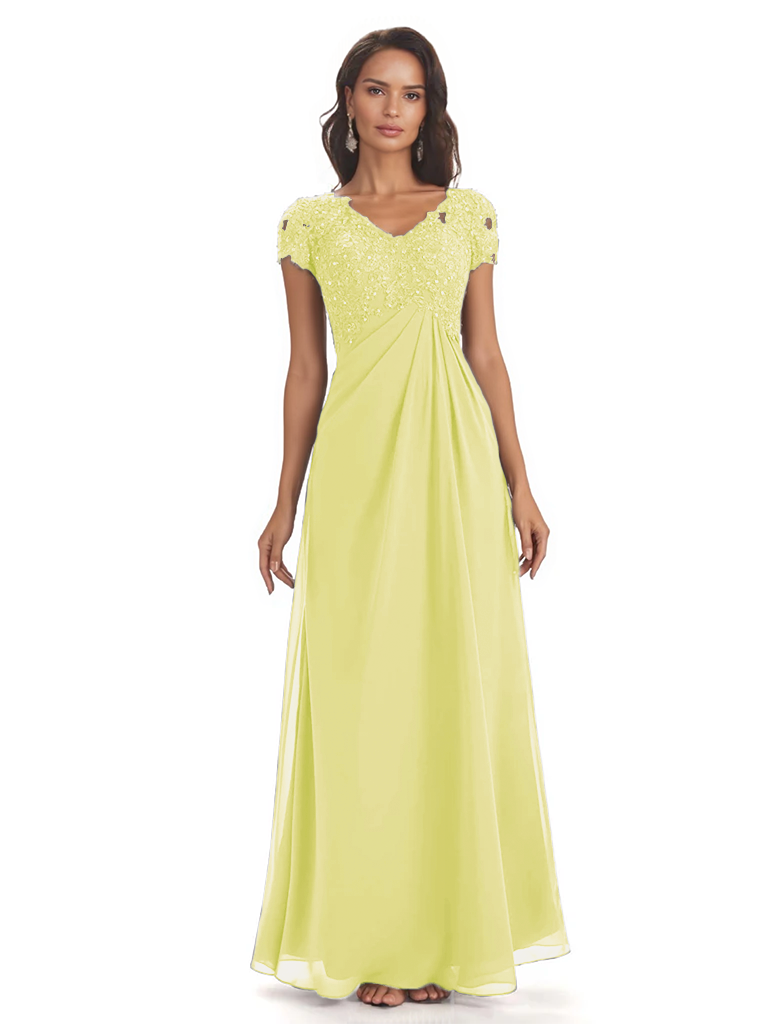 Elegant Short Sleeves Beaded Pleats A-line Floor-Length Mother of The Bride Dresses