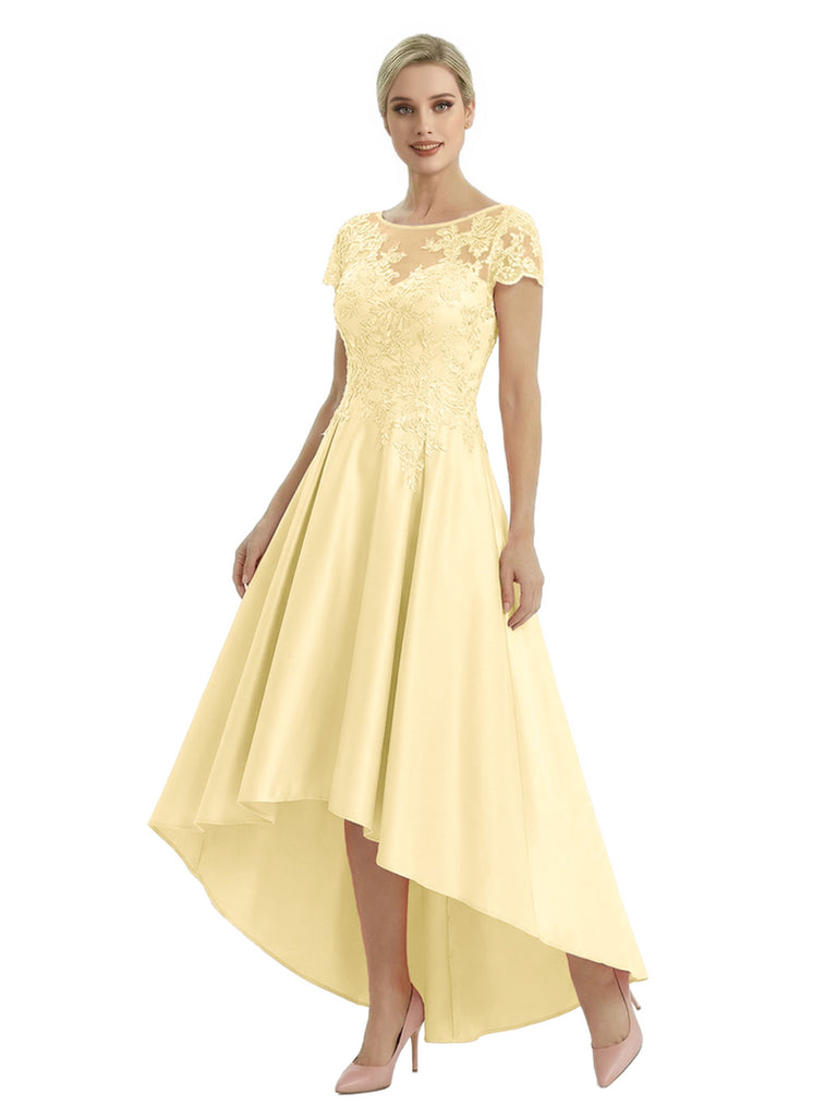 Elegant Mother of The Bride Dress Scoop Short Sleeve Lace Satin High-Low A-Line Gown