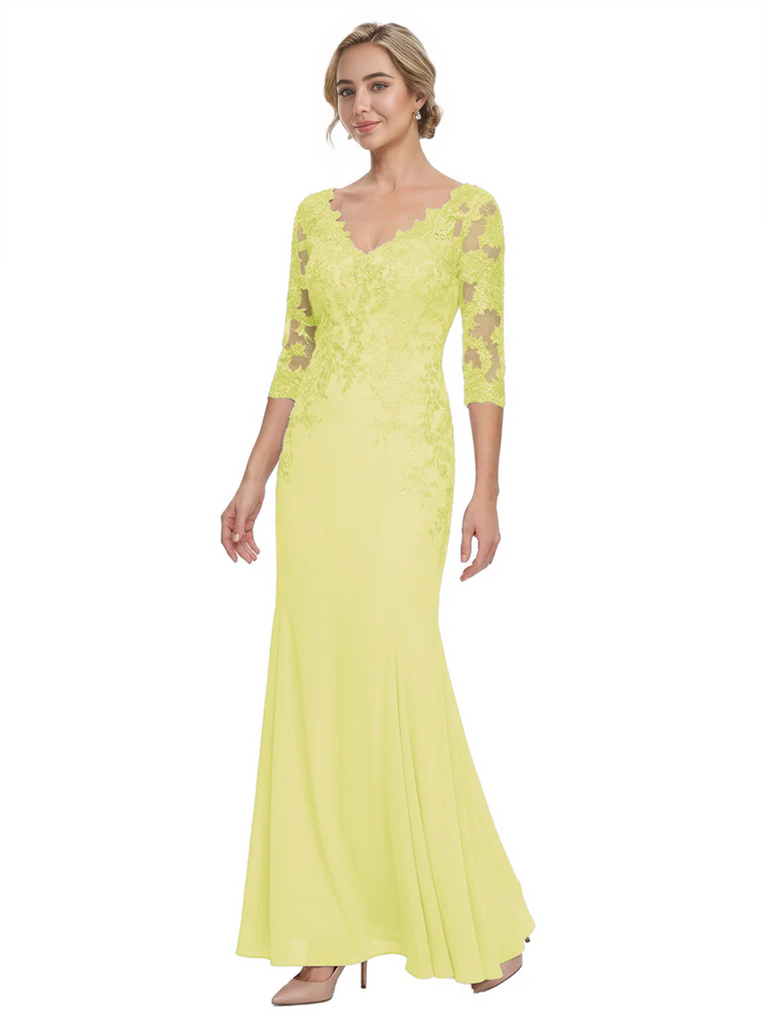 Mother of The Bride Gown V-Neck Half Sleeve Lace Chiffon Trumpet Maxi Dress Unique Sophisticated