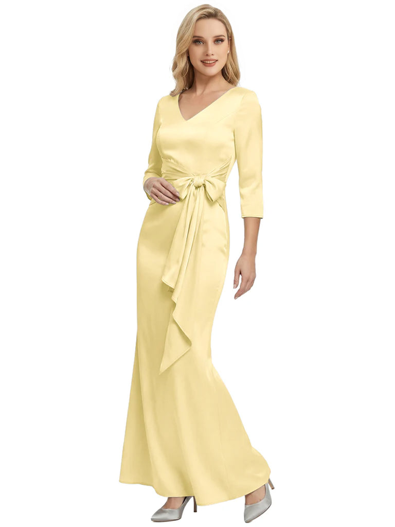 Mother of The Bride Dress Elegant V-Neck 3/4 Sleeve Satin Trumpet Maxi Gown