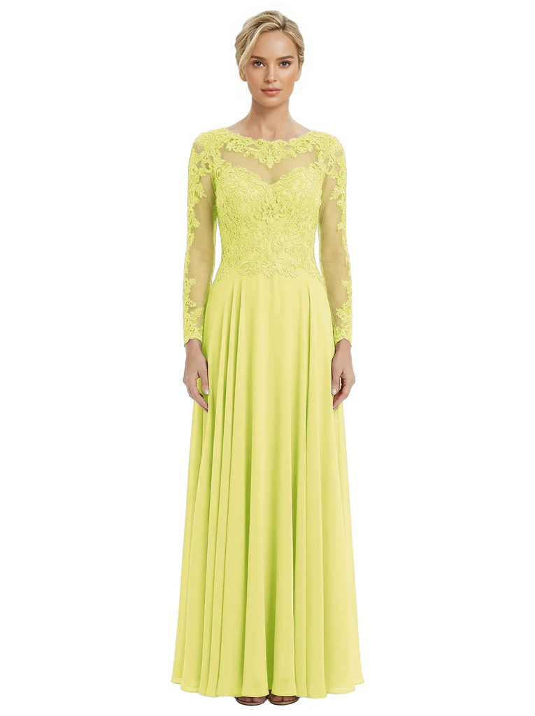 Mother of The Bride Dresses Scoop Long Sleeve Lace Chiffon Maxi Gown Pretty Embroidered Formal Wedding Event Attire