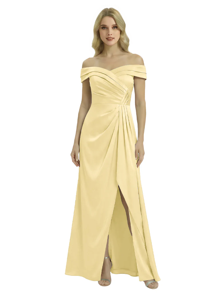 Off The Shoulder Mother Of The Groom Dresses Side Slit Satin Ruched A-Line  Gown