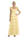 Mother of The Bride Dresses V-Neck Sleeveless Satin Tiered Maxi Gown Unique Flower Detailed Formal Wedding Event Attire