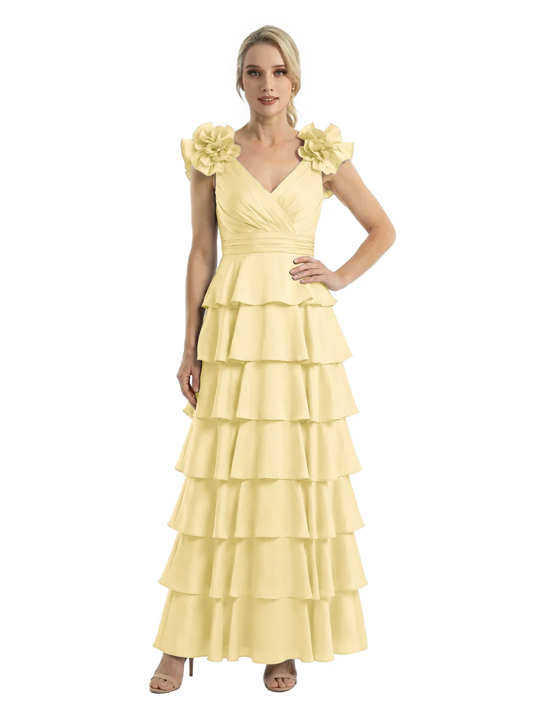 Mother of The Bride Dresses V-Neck Sleeveless Satin Tiered Maxi Gown Unique Flower Detailed Formal Wedding Event Attire
