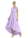 Elegant Mother of The Bride Dress Scoop Short Sleeve Lace Satin High-Low A-Line Gown