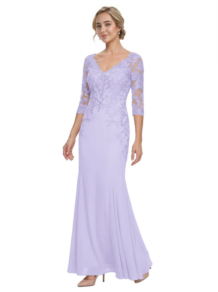 Mother of The Bride Gown V-Neck Half Sleeve Lace Chiffon Trumpet Maxi Dress Unique Sophisticated