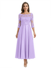 Mother of The Groom Dress Off Shoulder 3/4 Sleeve Lace Satin Midi Gown Classy Pleated