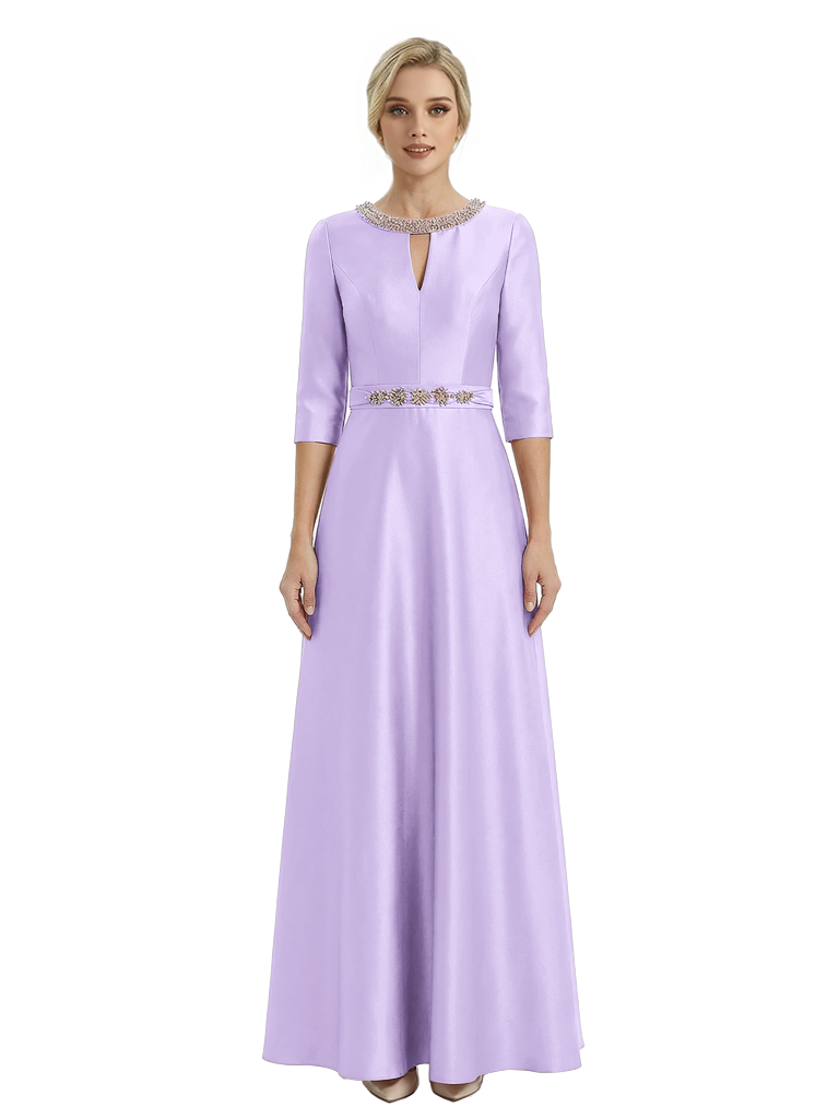 Sophisticated 3/4 Sleeves Beaded A-Line Satin Mother Of The Bride Dress