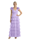 Mother of The Bride Dresses V-Neck Sleeveless Satin Tiered Maxi Gown Unique Flower Detailed Formal Wedding Event Attire