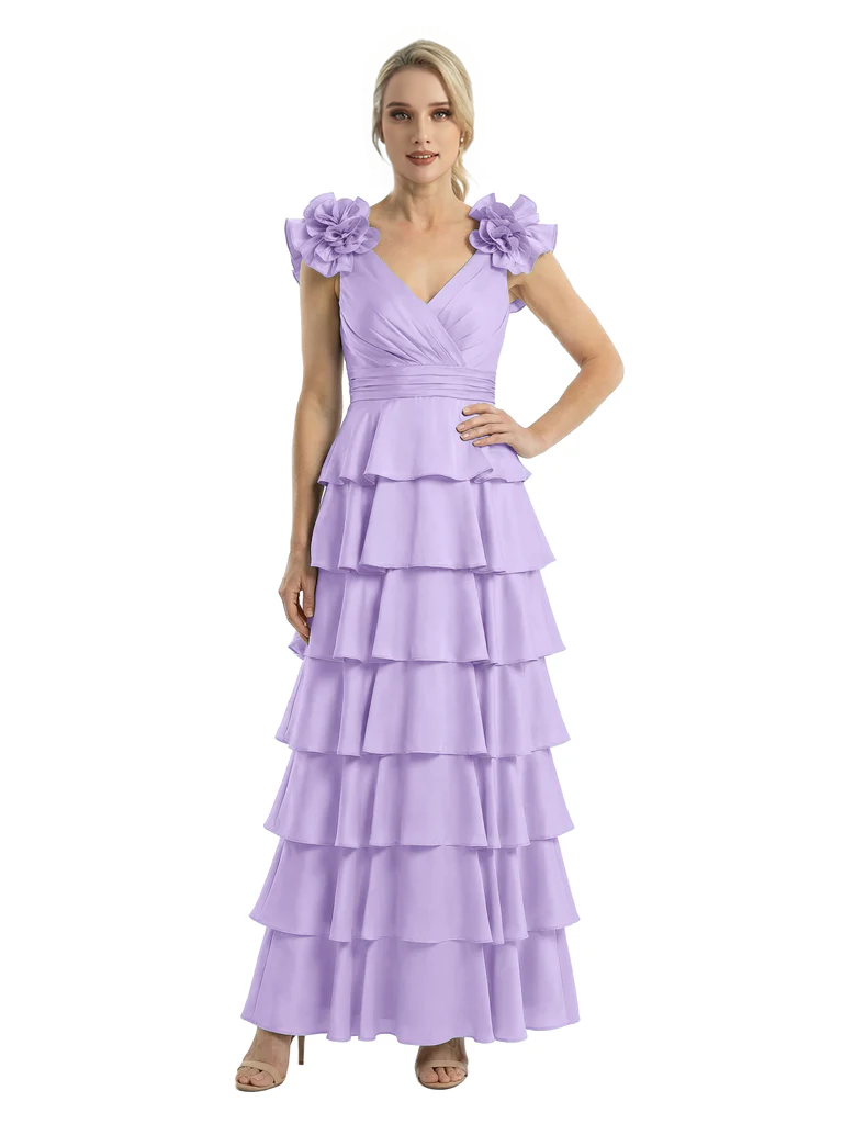 Mother of The Bride Dresses V-Neck Sleeveless Satin Tiered Maxi Gown Unique Flower Detailed Formal Wedding Event Attire