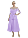 Unique Off Shoulder Tea-Length Satin Mother Of The Bride Dress With Lace Illusion