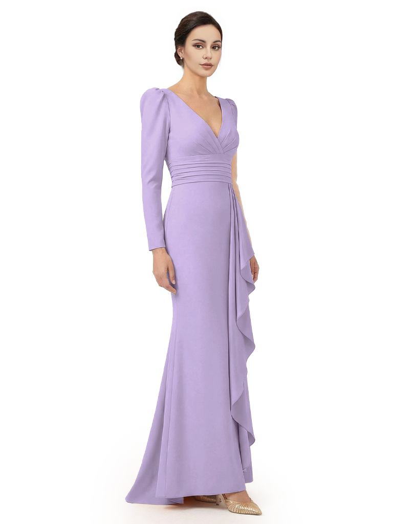 V-Neck Long Sleeves Ruffle Crepe Mother Of The Groom Dress Mermaid