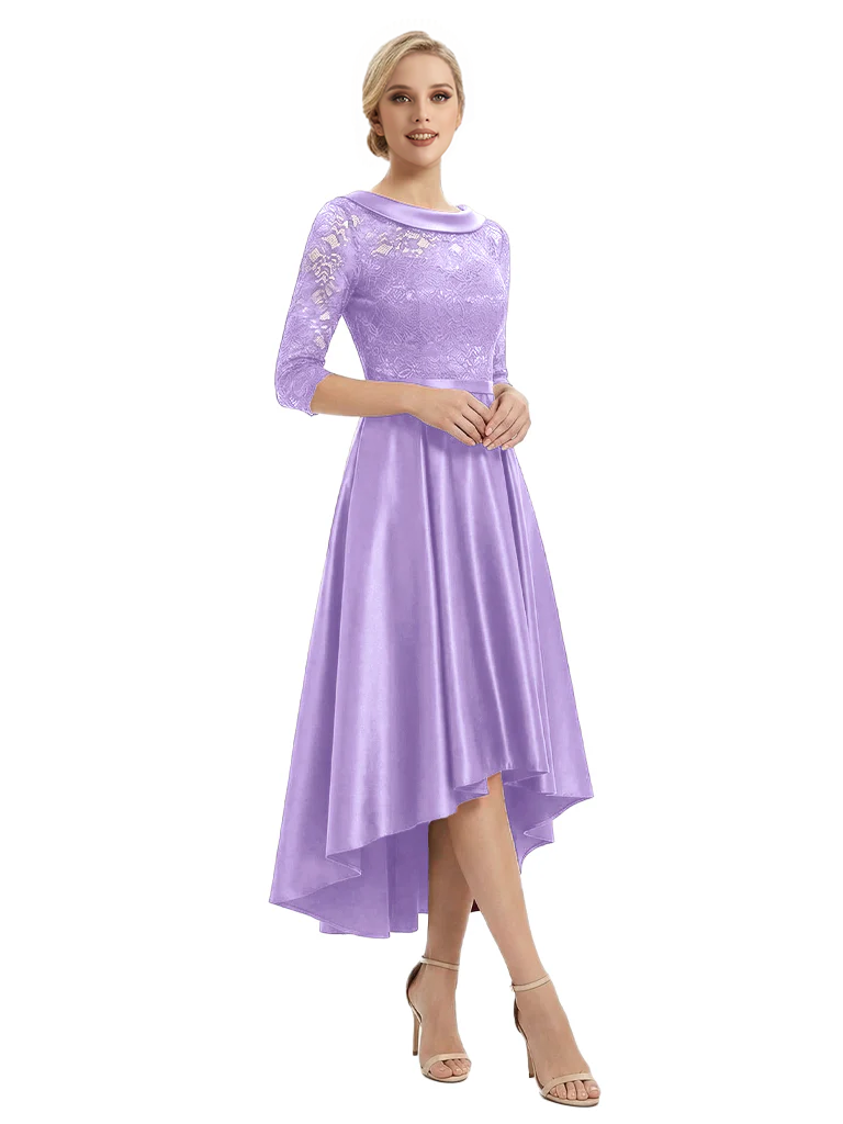 Elegant Boat Neck Satin Lace Mother Of The Bride Dresses High-Low A-Line Gowns