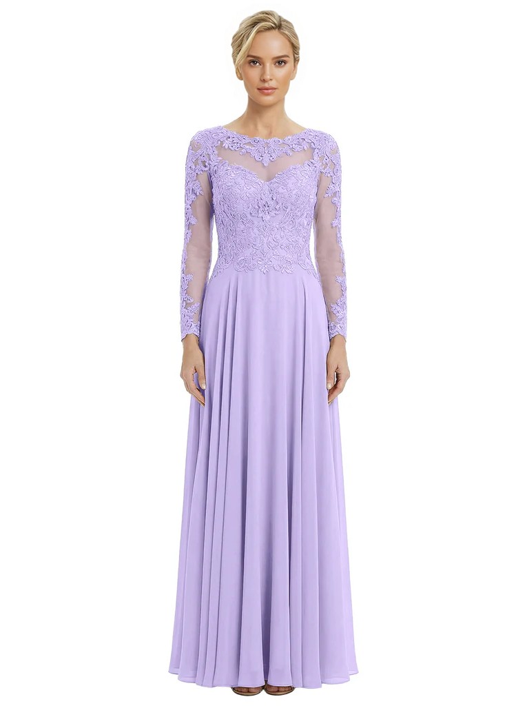 Mother of The Bride Dresses Scoop Long Sleeve Lace Chiffon Maxi Gown Pretty Embroidered Formal Wedding Event Attire