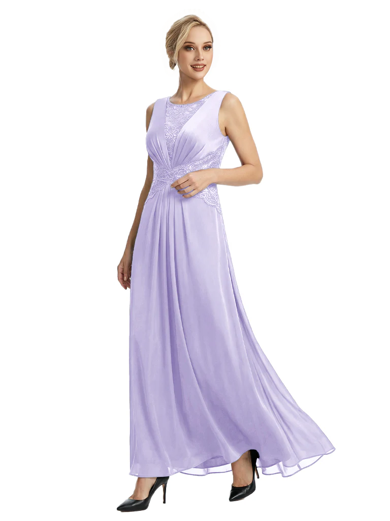 Mother of The Bride Dresses Scoop Sleeveless Lace Chiffon Maxi Gown Classy Ruched Formal Wedding Event Dress