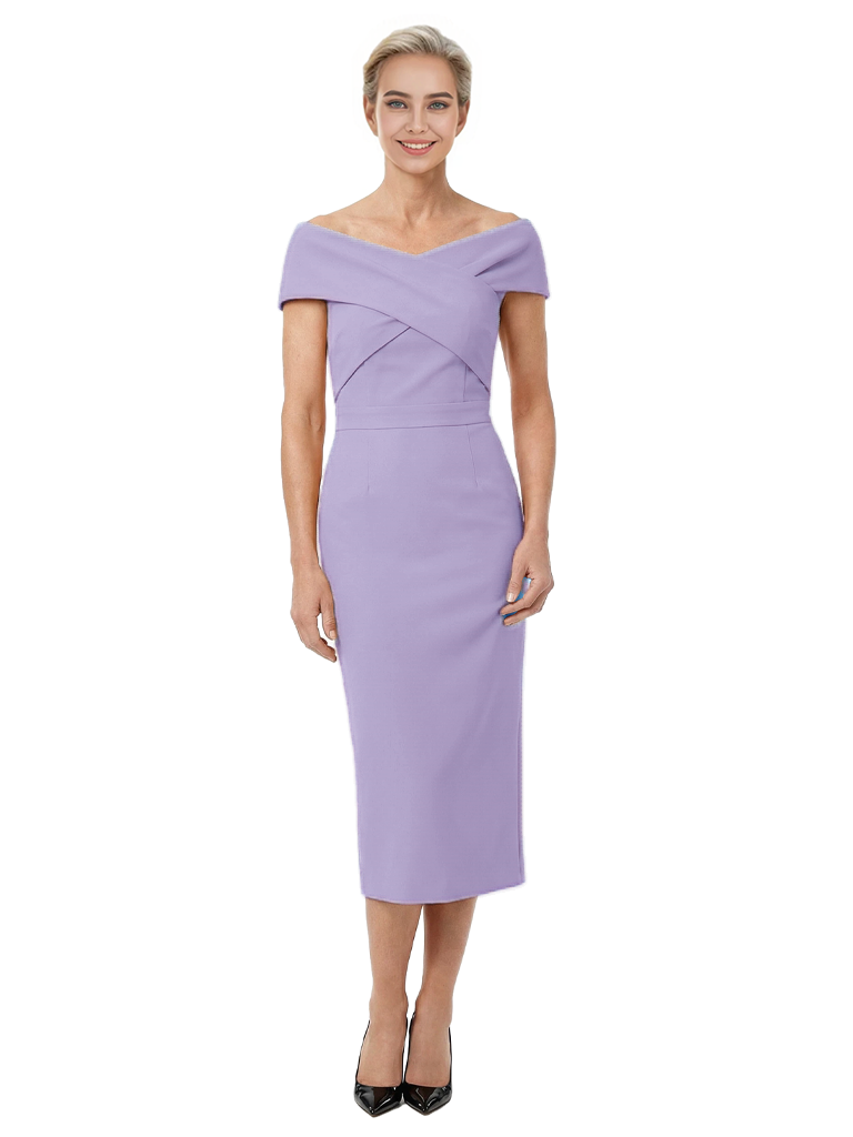 Mother of The Bride Dress Classy Off Shoulder Crepe Sheath Midi Gown Modern Wrap Detail