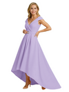 Mother of The Groom Dress Fancy Cap Sleeve Crepe High-Low A-Line Gown Elegant Belt Accent
