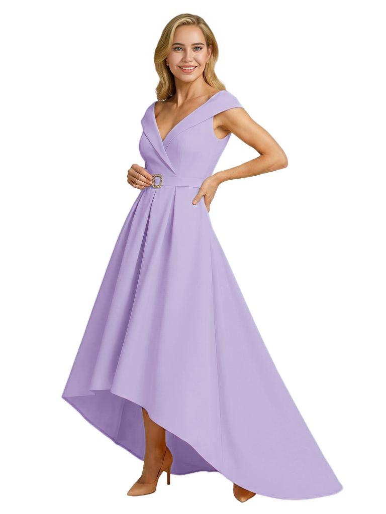 Mother of The Groom Dress Fancy Cap Sleeve Crepe High-Low A-Line Gown Elegant Belt Accent