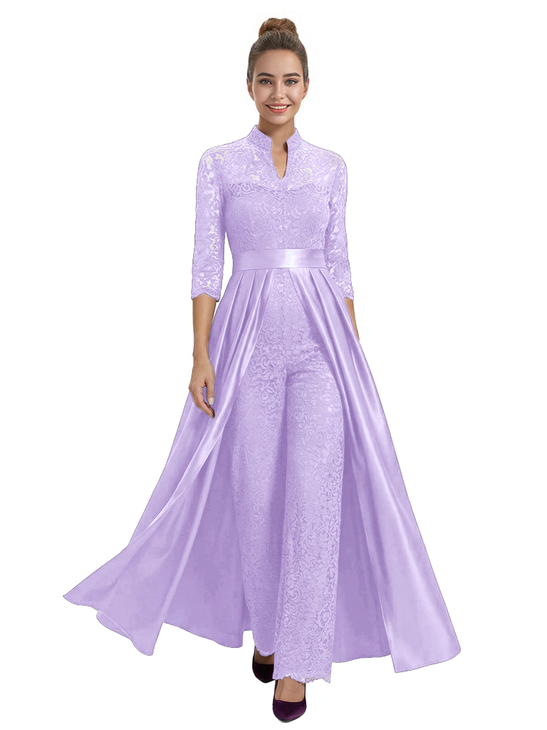 Mother of The Groom Outfit V-Neck 3/4 Sleeve Lace Pantsuit Satin Overskirt