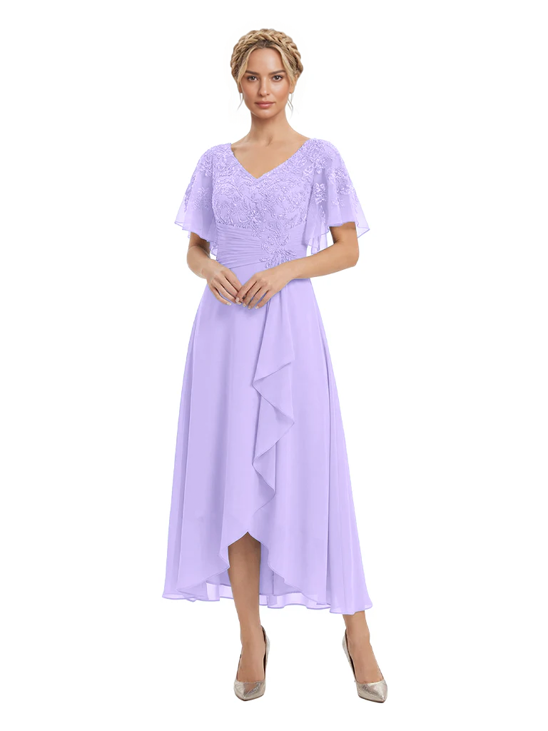 Unique Flutter Sleeves Lace Beaded Short Mother of the Groom Dresses