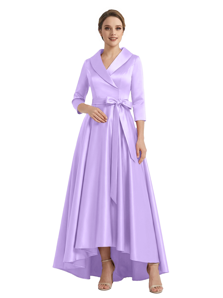 Modern High-Low 3/4 Sleeves Satin Mother Of The Bride Dress With Bow Knot