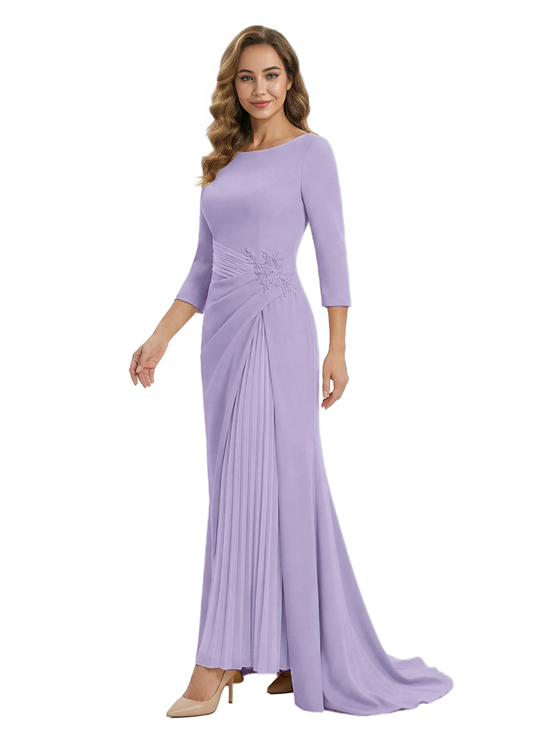 Mother of The Groom Dress Elegant Crew Scoop 3/4 Sleeve Crepe Maxi Gown Pleated Detail Classy Look