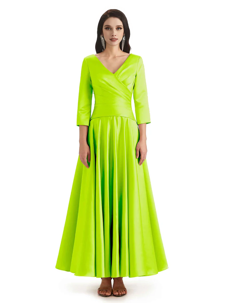 Elegant Soft Satin 3/4 Sleeves V-Neck Ankle Length Mother of The Bride Dresses