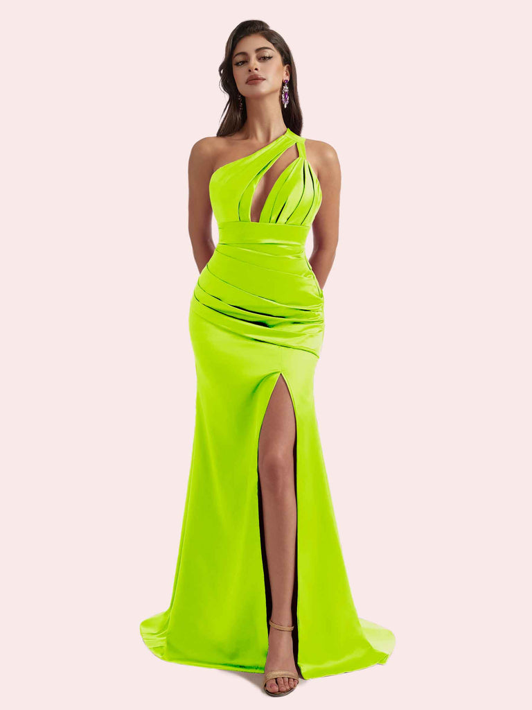 Gorgeous Mermaid Pleats Side Slit One Shoulder Soft Satin Long Bridesmaid Dress For Wedding Gorgeous Mermaid Pleats Side Slit One Shoulder Soft Satin Long Bridesmaid Dress For Wedding