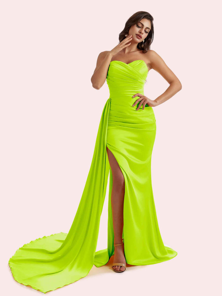 Elegant Sweetheart Mermaid Pleats Side Slit Soft Satin Long Bridesmaid Dress For Wedding Elegant Sweetheart Mermaid Pleats Side Slit Soft Satin Long Bridesmaid Dress For Wedding