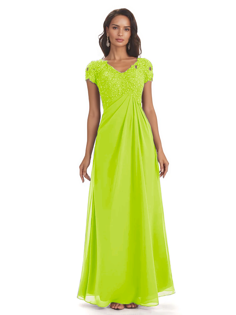 Elegant Short Sleeves Beaded Pleats A-line Floor-Length Mother of The Bride Dresses