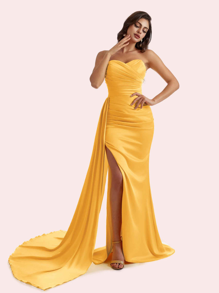 Elegant Sweetheart Mermaid Pleats Side Slit Soft Satin Long Bridesmaid Dress For Wedding Elegant Sweetheart Mermaid Pleats Side Slit Soft Satin Long Bridesmaid Dress For Wedding