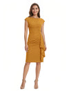 Mother of The Bride Dress Beautiful Jewel Cap Sleeve Crepe Sheath Midi Gown Ruffled Stylish Design