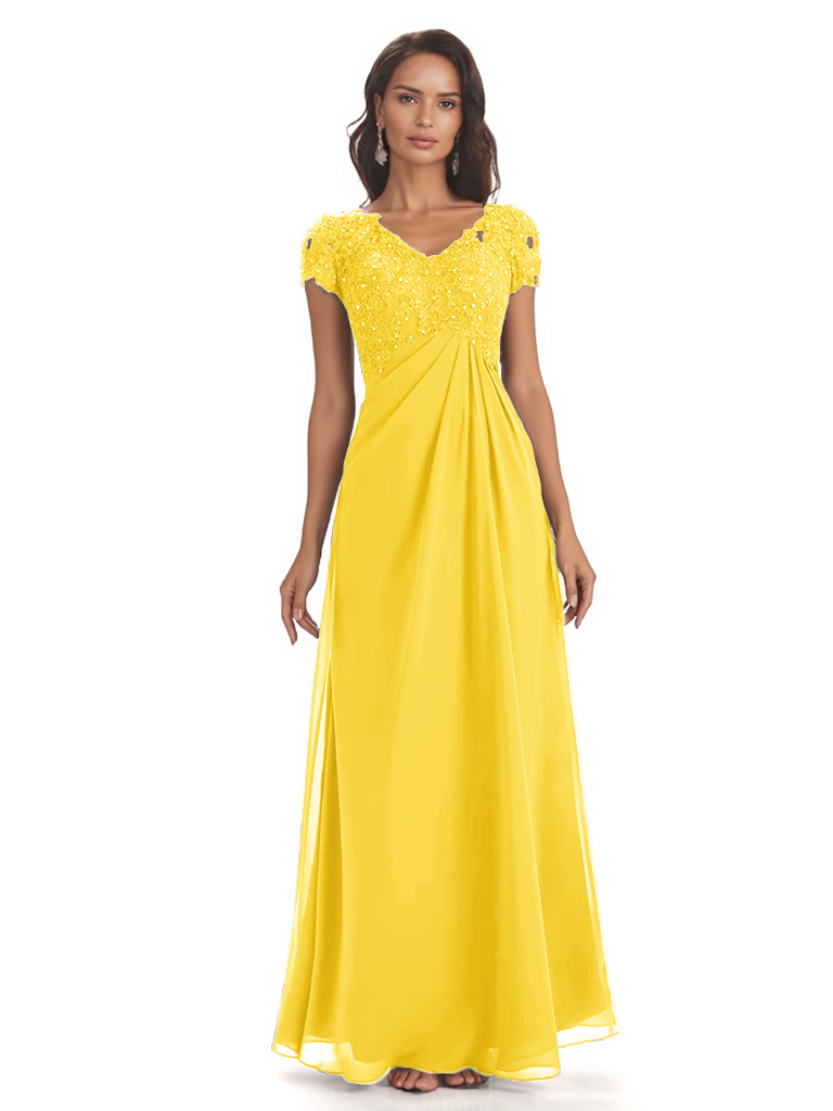 Elegant Short Sleeves Beaded Pleats A-line Floor-Length Mother of The Bride Dresses