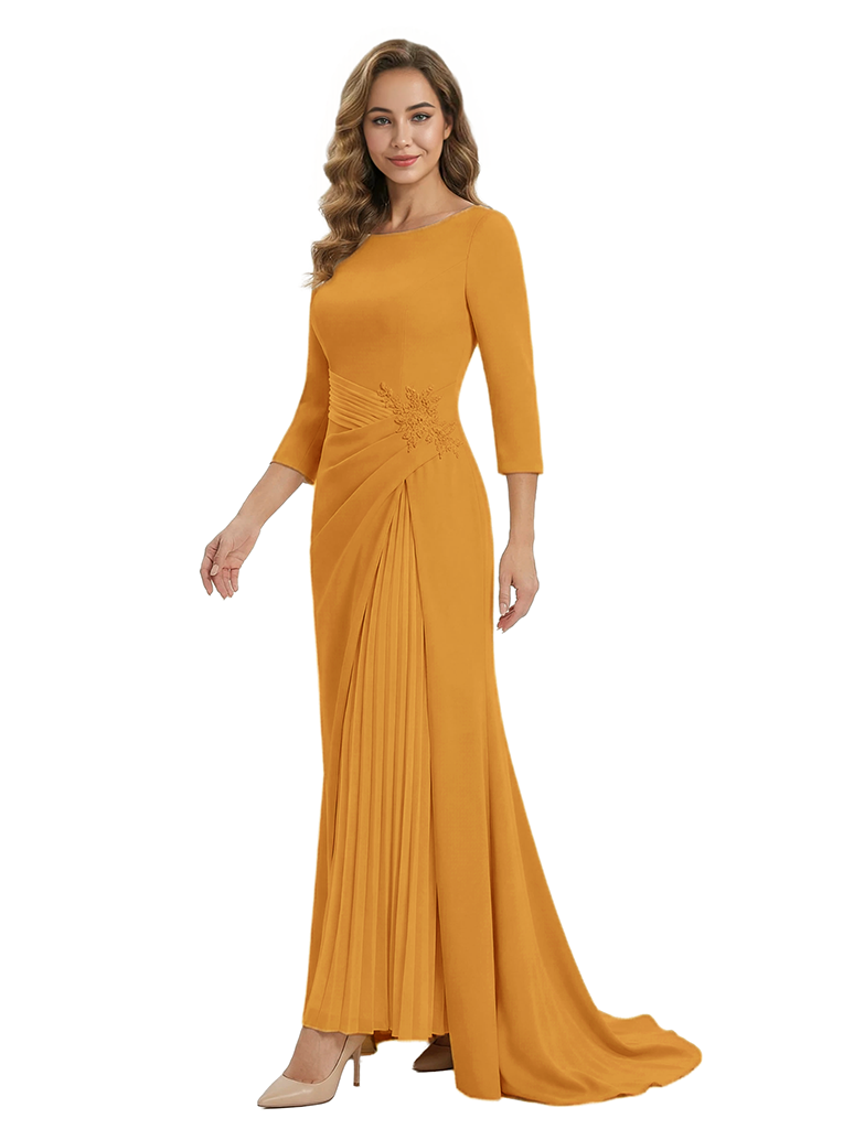 Mother of The Groom Dress Elegant Crew Scoop 3/4 Sleeve Crepe Maxi Gown Pleated Detail Classy Look