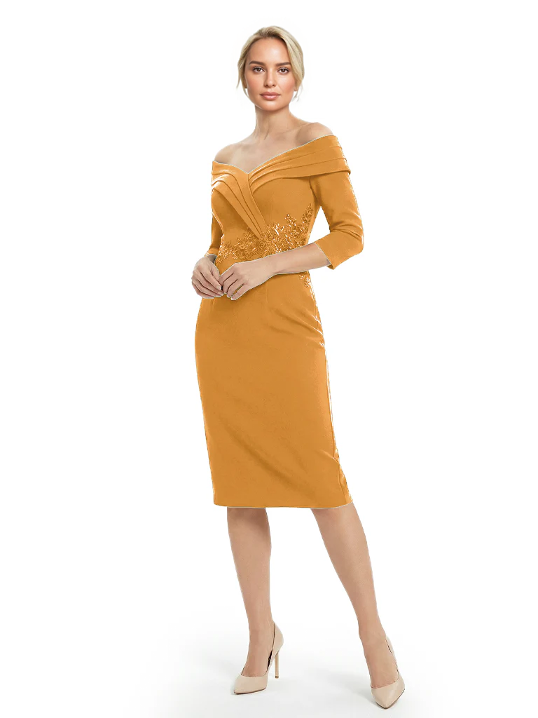 Mother of The Groom Dresses Off The Shoulder 3/4 Sleeve Satin Sheath Midi Dress Pretty Lace Detailed Formal Bridal Party Attire