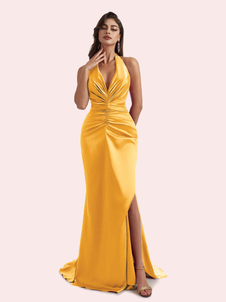 marigold satin bridesmaid dresses Marigold Mermaid Satin Cowl Neck Long Bridesmaid Dress with Slit Marigold / US 2