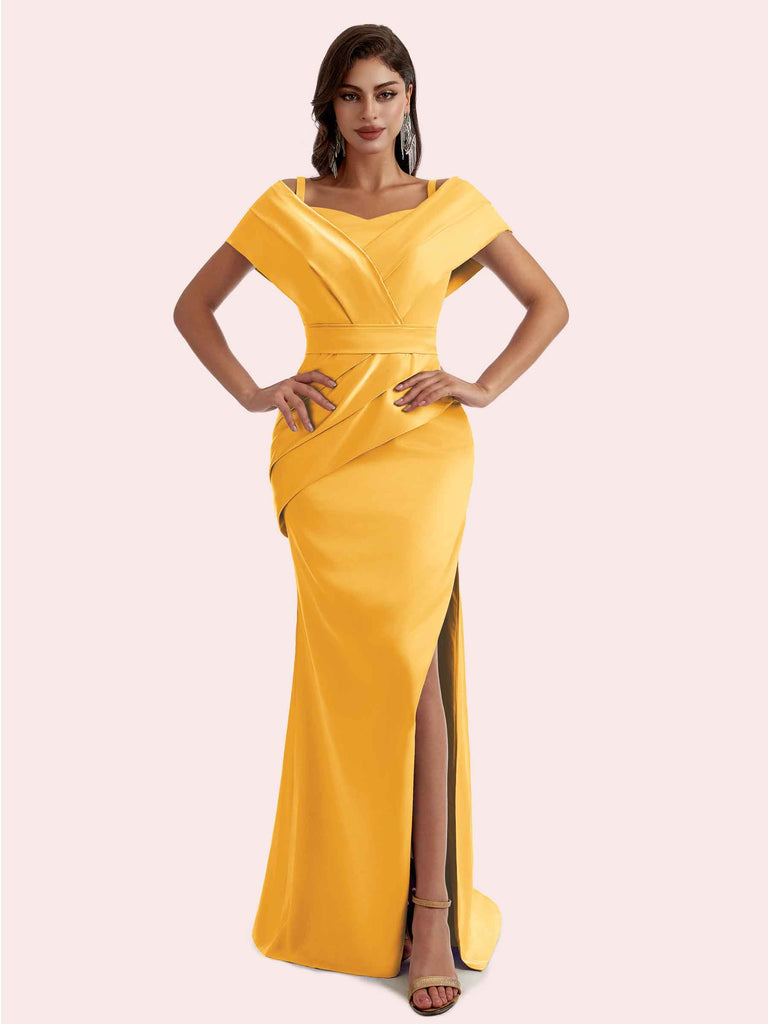 Gorgeous Sweetheart Mermaid Pleats Side Slit Soft Satin Long Bridesmaid Dress For Wedding- Cetims Marigold