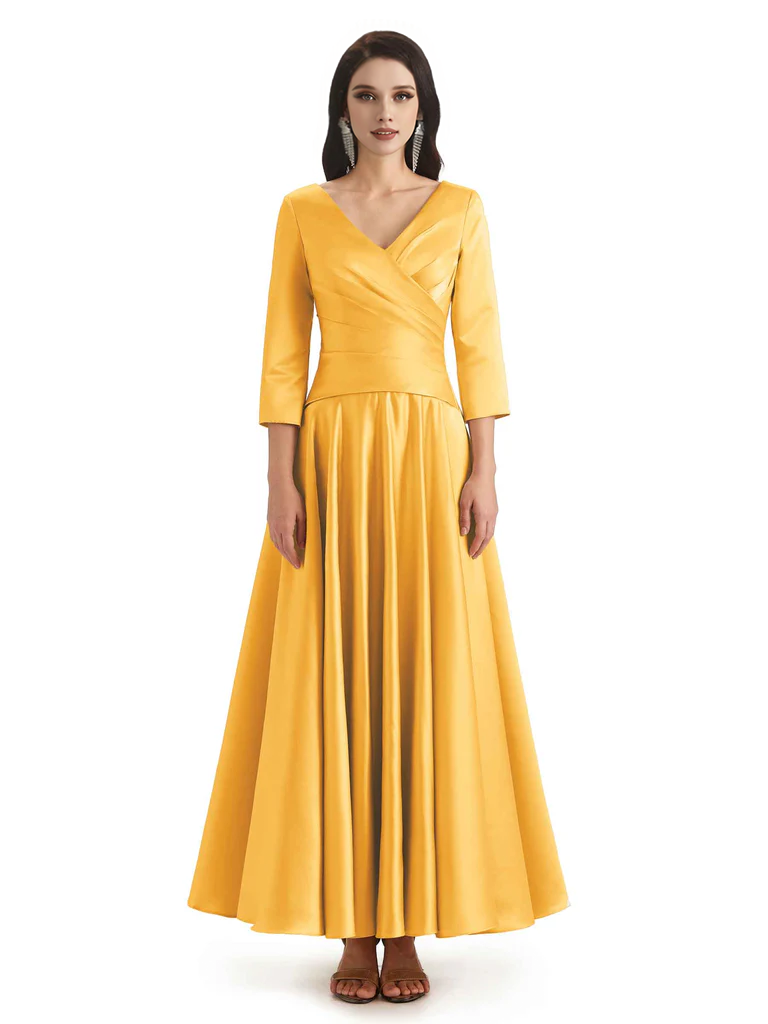 Elegant Soft Satin 3/4 Sleeves V-Neck Ankle Length Mother of The Bride Dresses