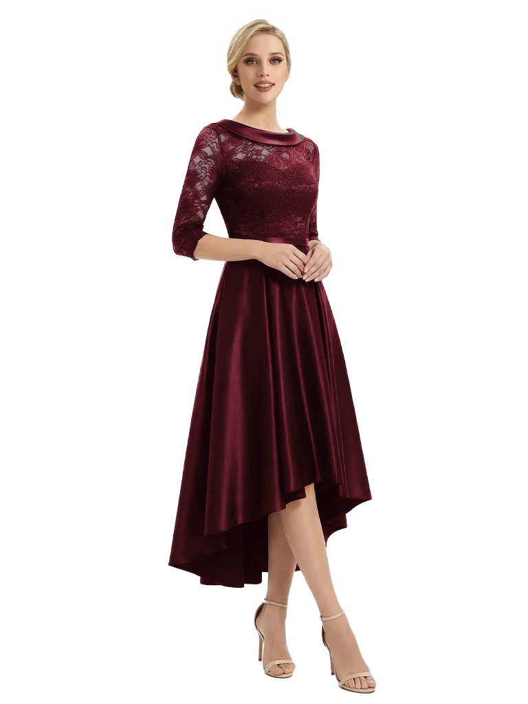 Elegant Boat Neck Satin Lace Mother Of The Bride Dresses High-Low A-Line Gowns