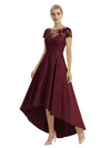 Elegant Mother of The Bride Dress Scoop Short Sleeve Lace Satin High-Low A-Line Gown