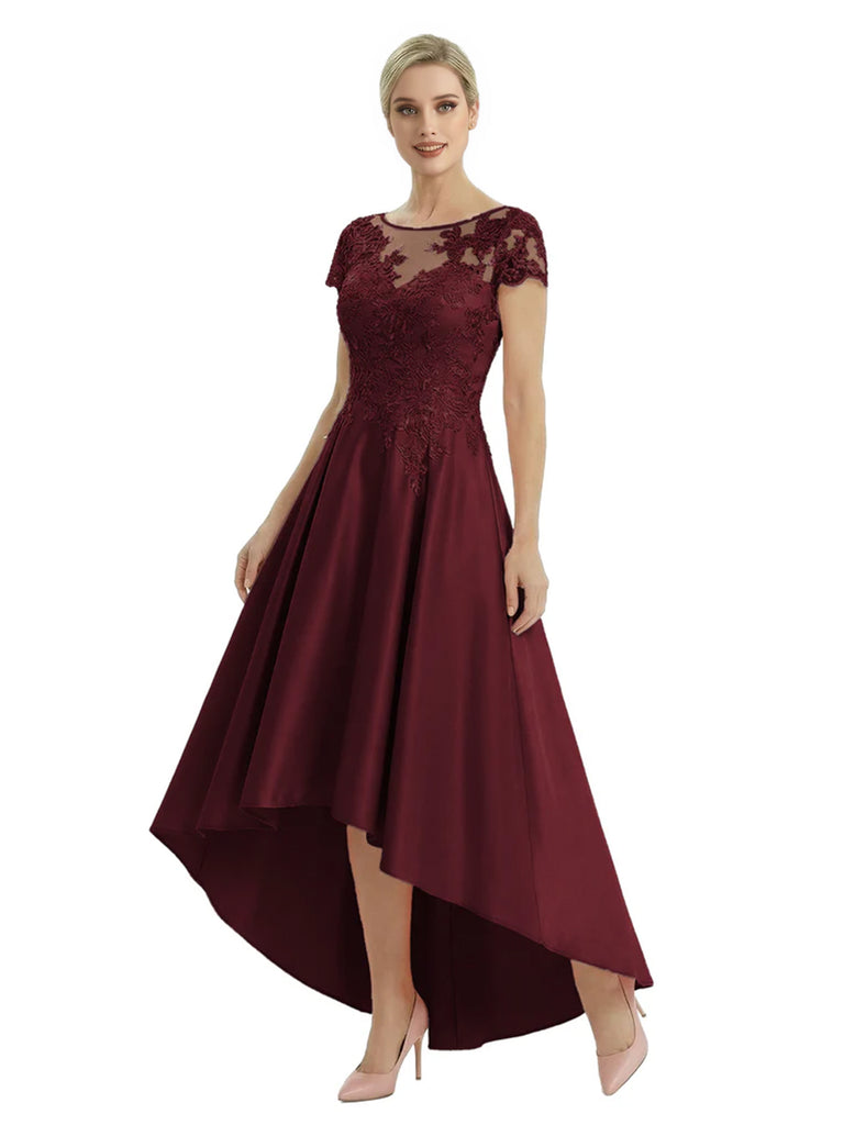 Elegant Mother of The Bride Dress Scoop Short Sleeve Lace Satin High-Low A-Line Gown