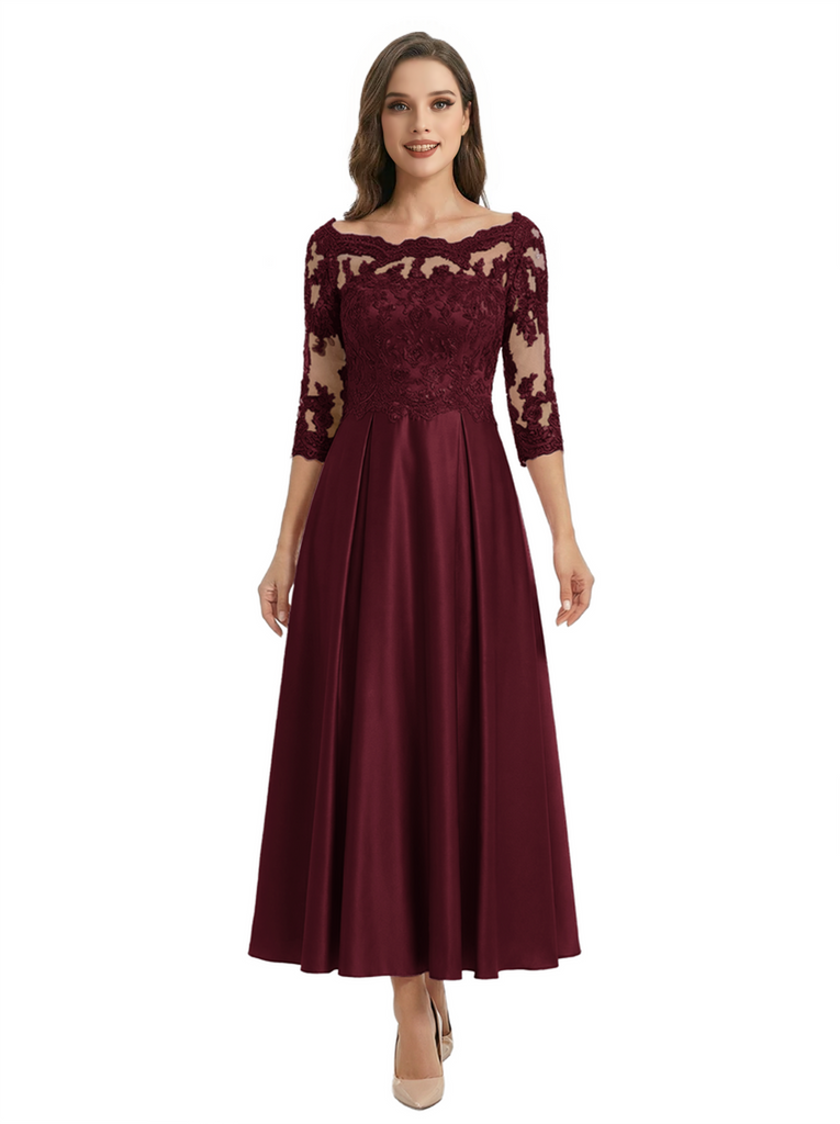 Mother of The Groom Dress Off Shoulder 3/4 Sleeve Lace Satin Midi Gown Classy Pleated