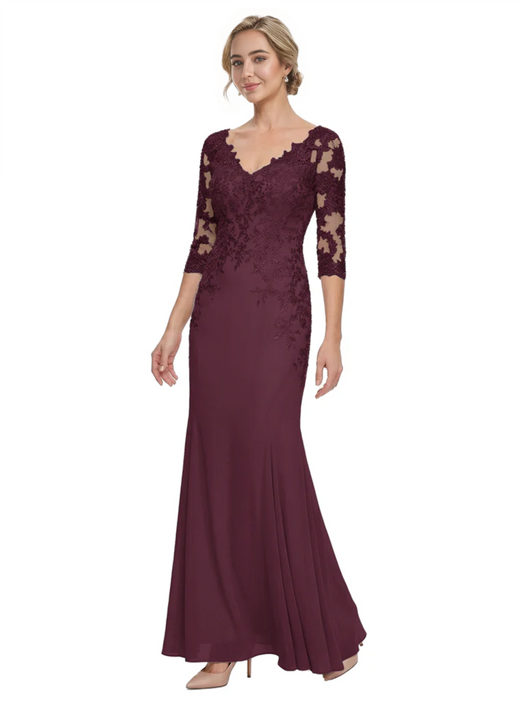 Mother of The Bride Gown V-Neck Half Sleeve Lace Chiffon Trumpet Maxi Dress Unique Sophisticated