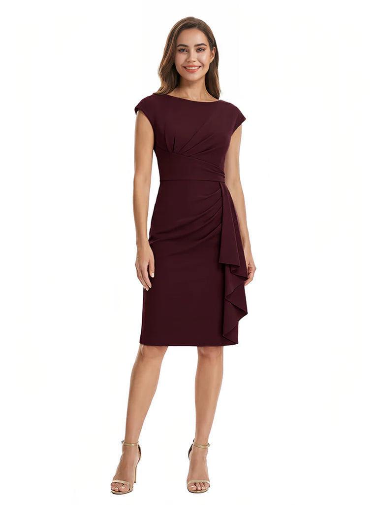 Mother of The Bride Dress Beautiful Jewel Cap Sleeve Crepe Sheath Midi Gown Ruffled Stylish Design